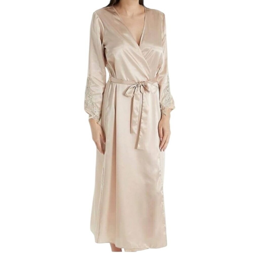 flora nikrooz satin long bathrobe robe with lace almond beige size S/M